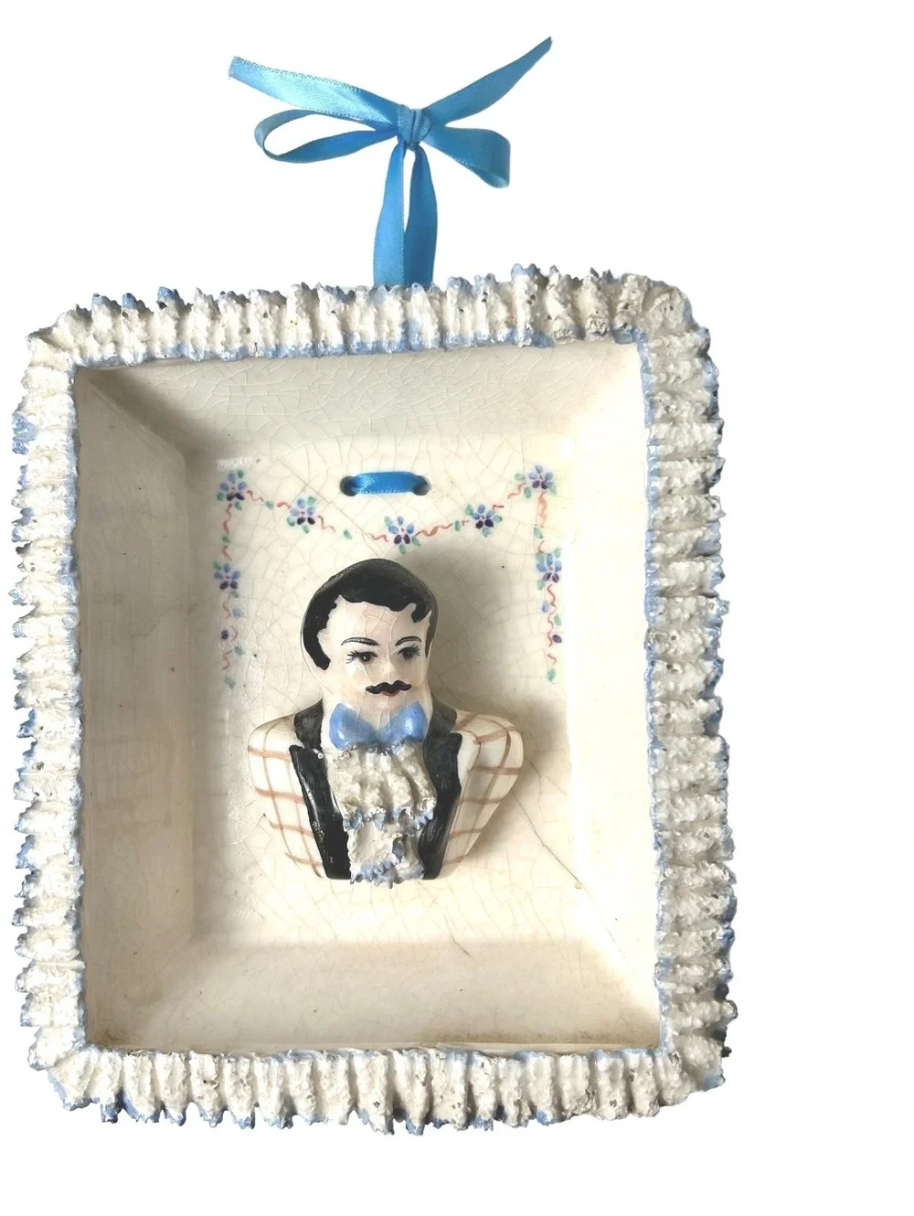 Vintage Ceramic Man and Woman Wall Hanging Plaques with Blue Ribbon